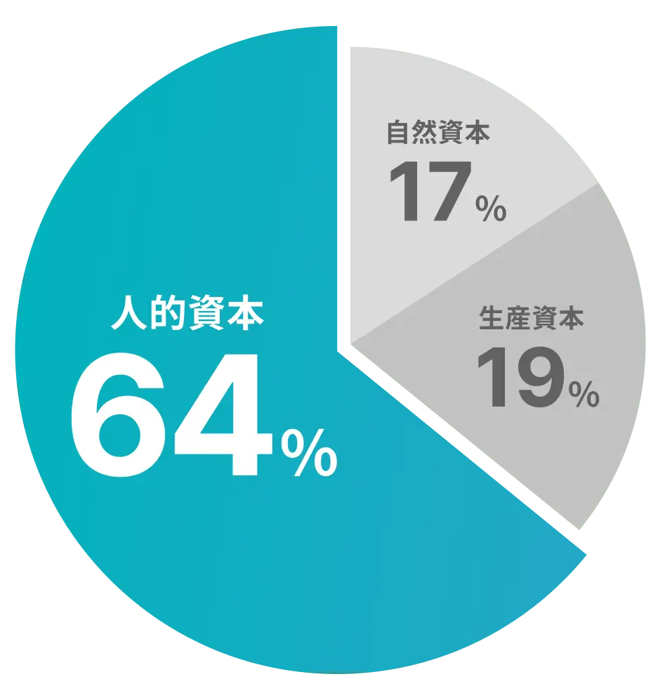人的資本64%、自然資本17%、生産資本19%のパイチャート